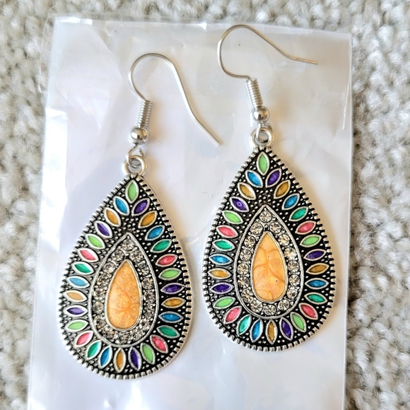 BOHO Silver Earrings Rhinestone Earrings Silver Drop Earrings Teardrop Earrings - Picture 5 of 5